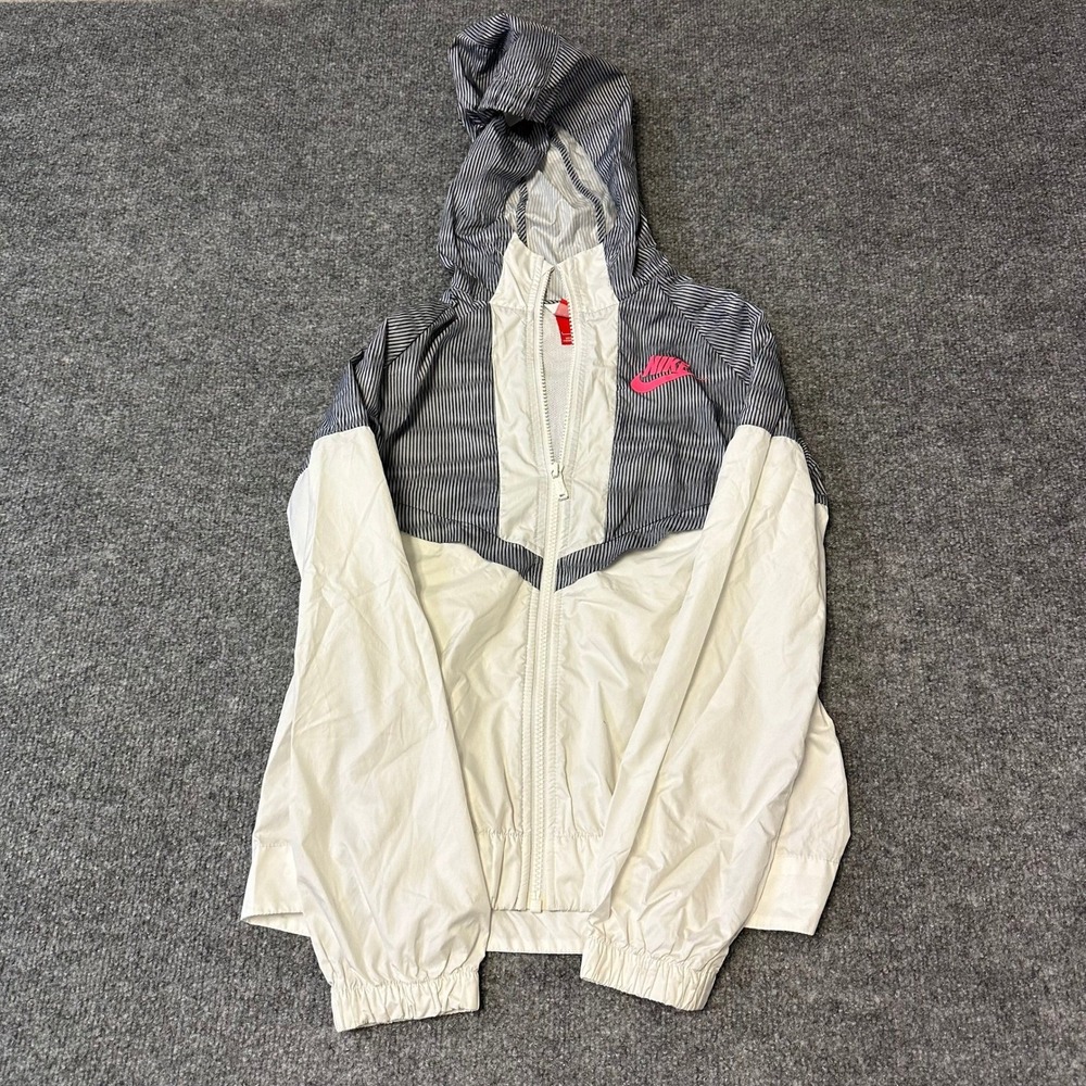 Nike Windbreaker Womens Size L White Grey Pinstripe Full Zip Hooded Sporty
